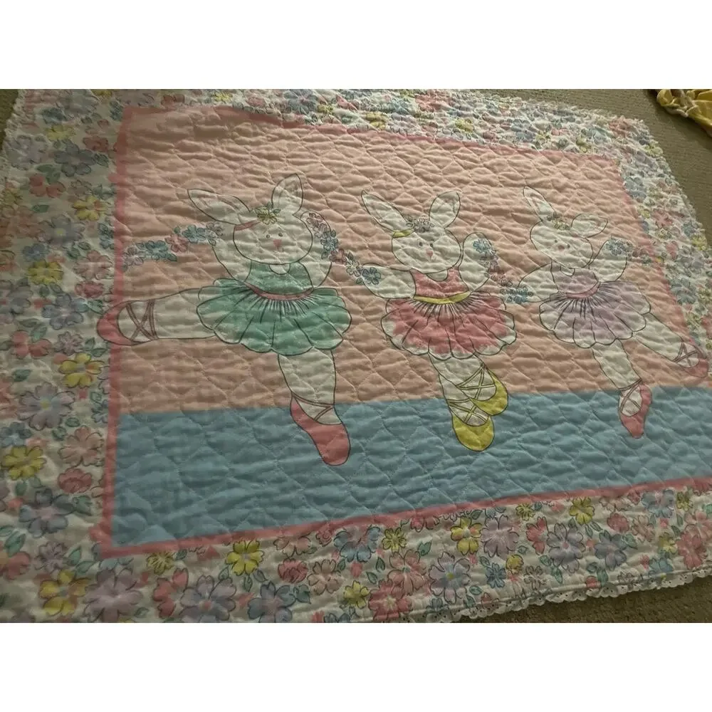 Vintage Handmade Ballerina‎ Bunny Rabbits Pastel Floral Baby Blanket